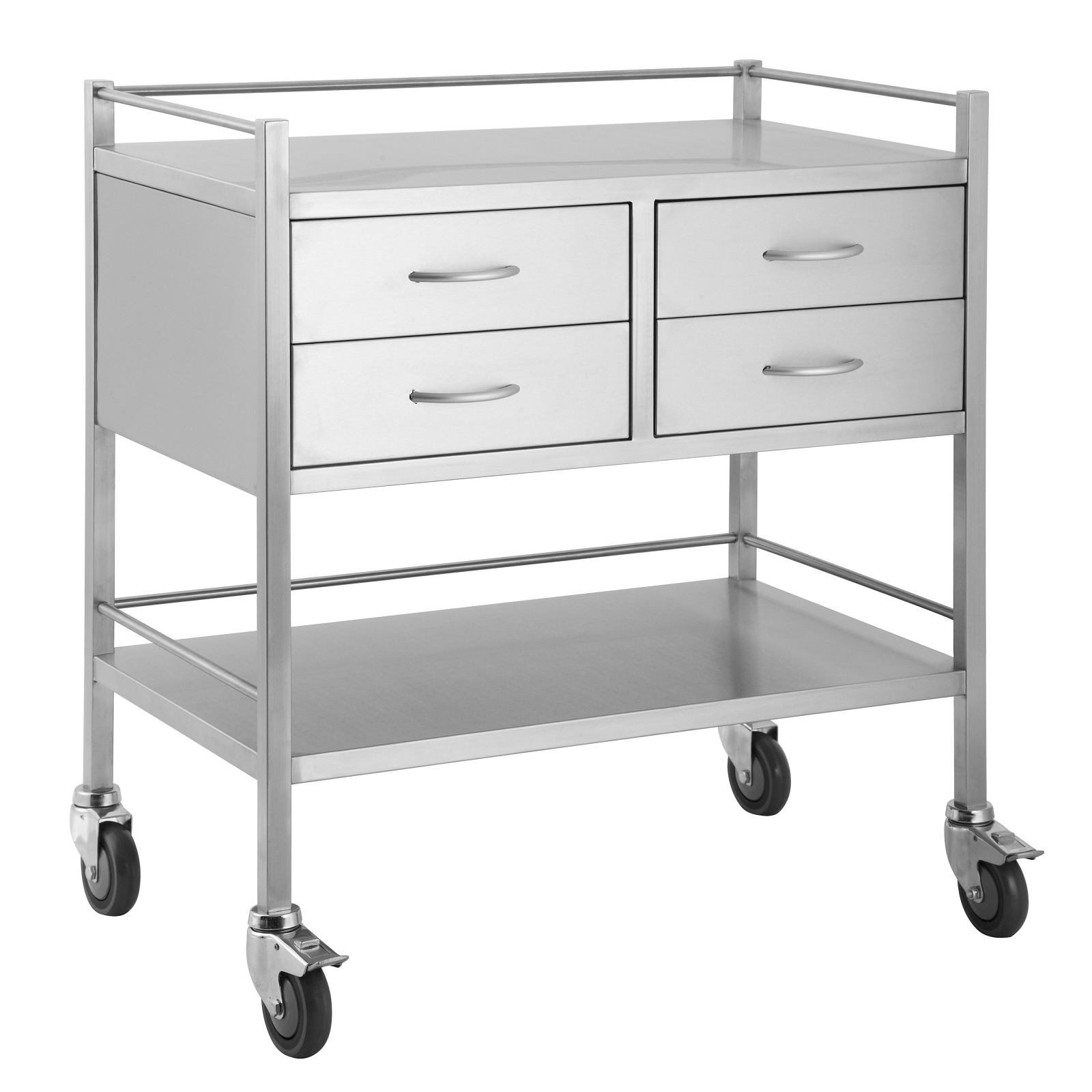 A high grade double four drawer stainless steel trolley. Has top and bottom side rails and lockable castors for safety.