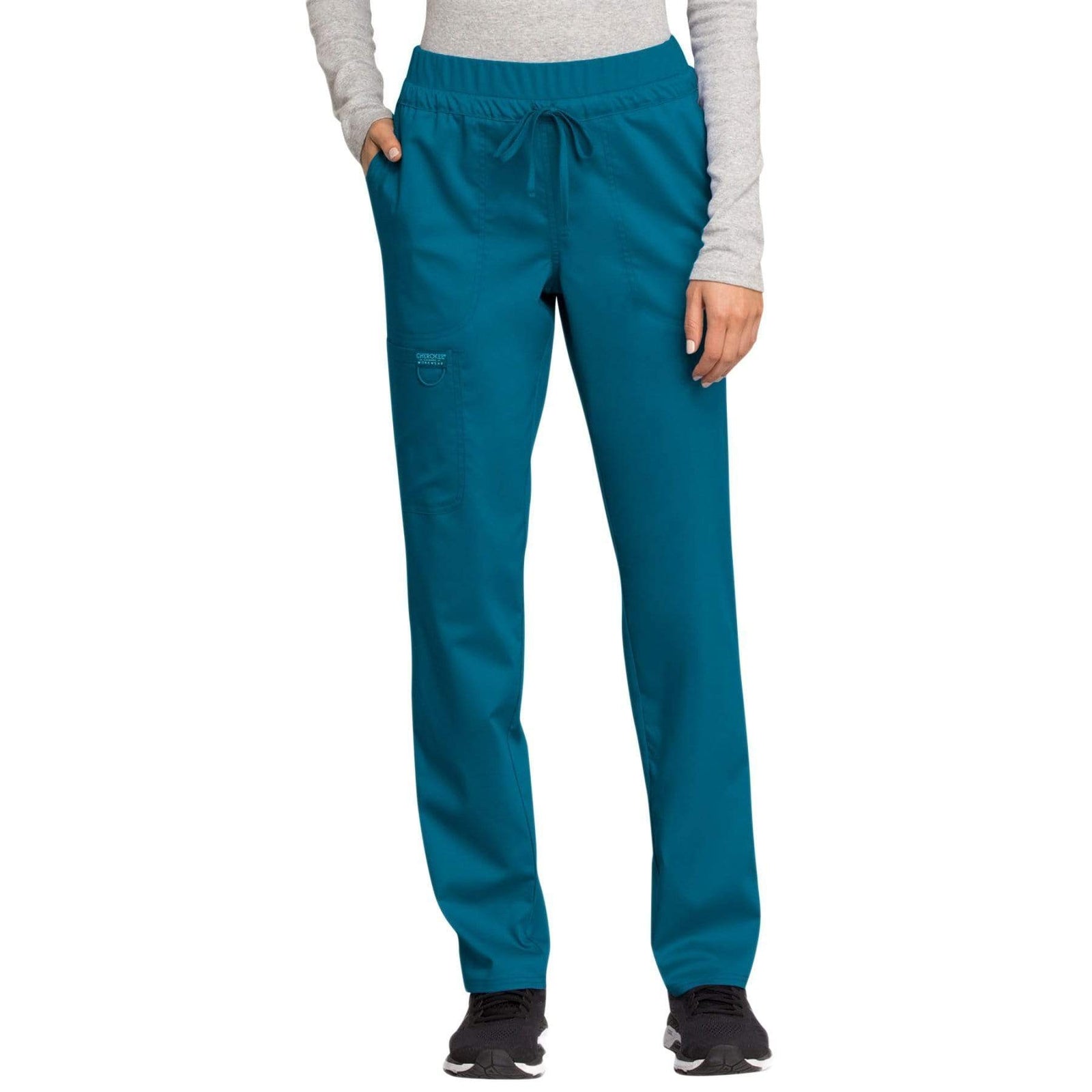 Cherokee Workwear Revolution WW105 Scrubs Pants Women's Mid Rise Tapered Leg Drawstring Caribbean Blue