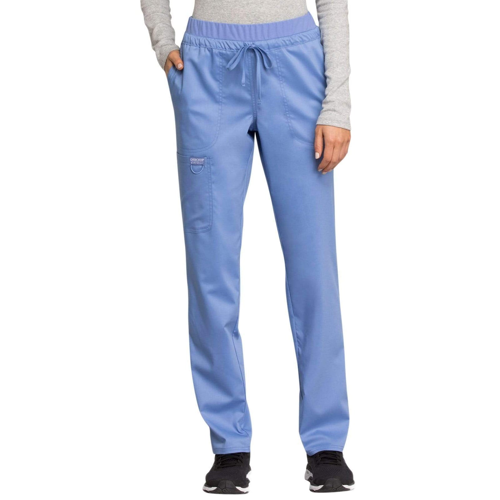 Cherokee Workwear Revolution WW105 Scrubs Pants Women's Mid Rise Tapered Leg Drawstring Ceil Blue