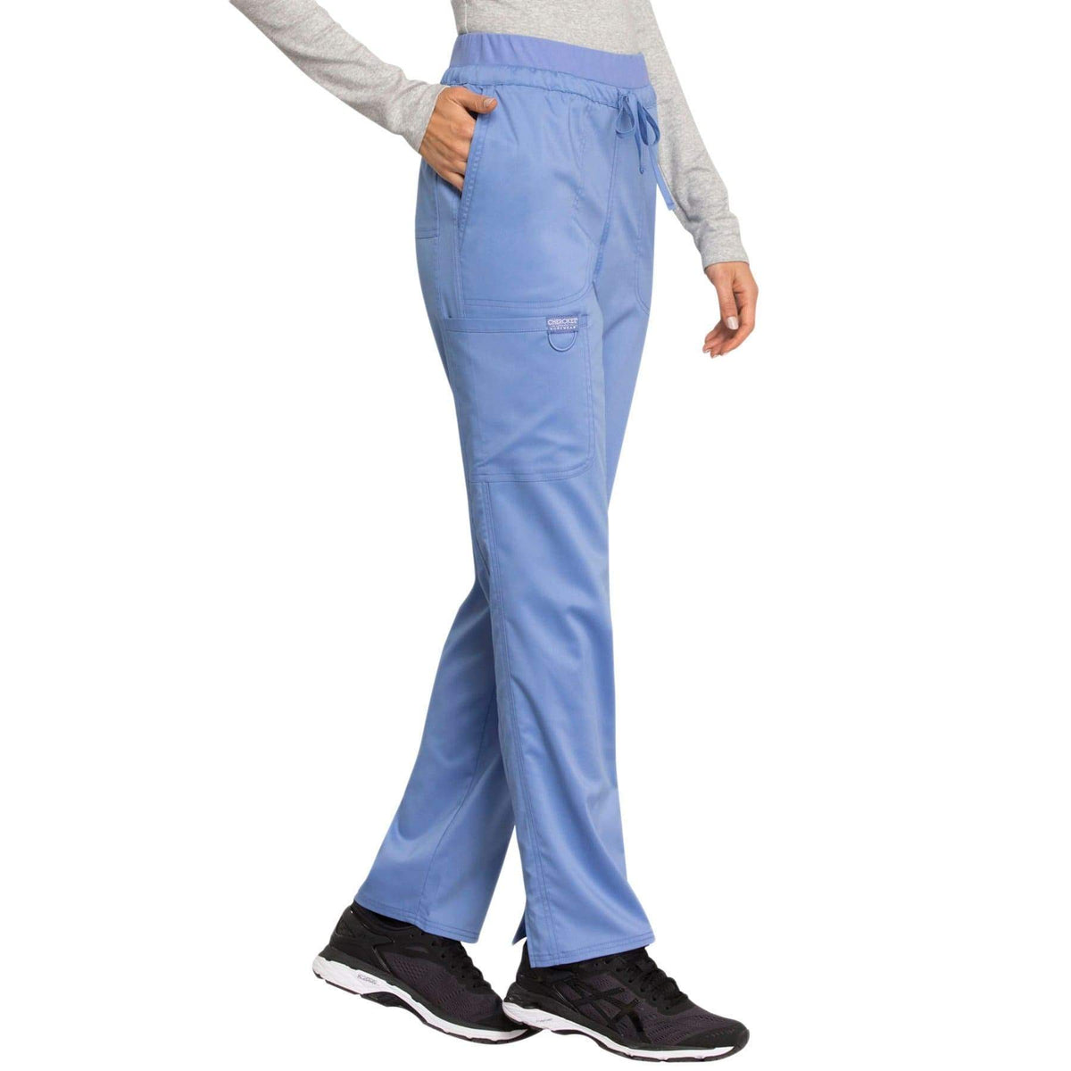 Cherokee Workwear Revolution WW105 Scrubs Pants Women's Mid Rise Tapered Leg Drawstring Ceil Blue
