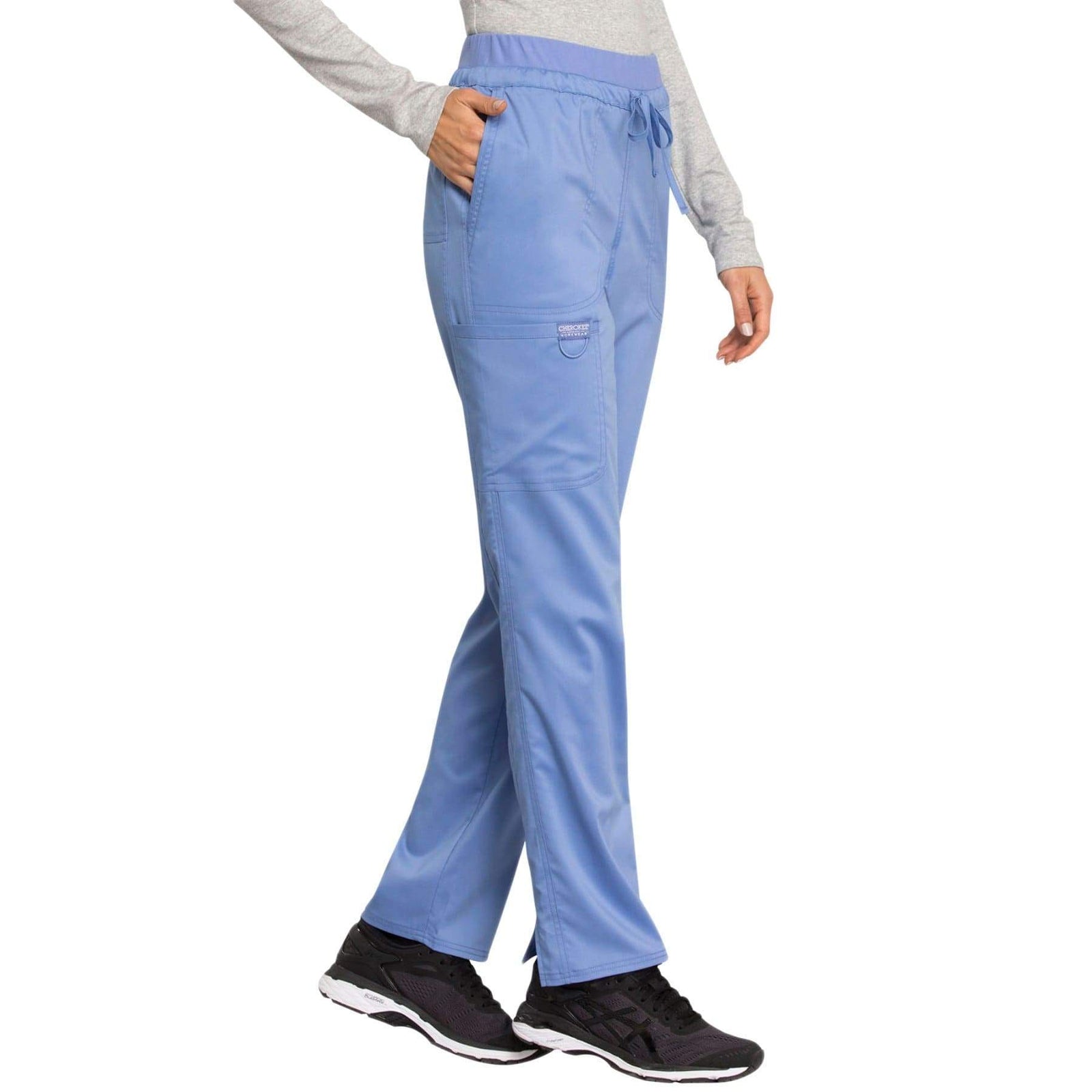 Cherokee Workwear Revolution WW105 Scrubs Pants Women's Mid Rise Tapered Leg Drawstring Ceil Blue