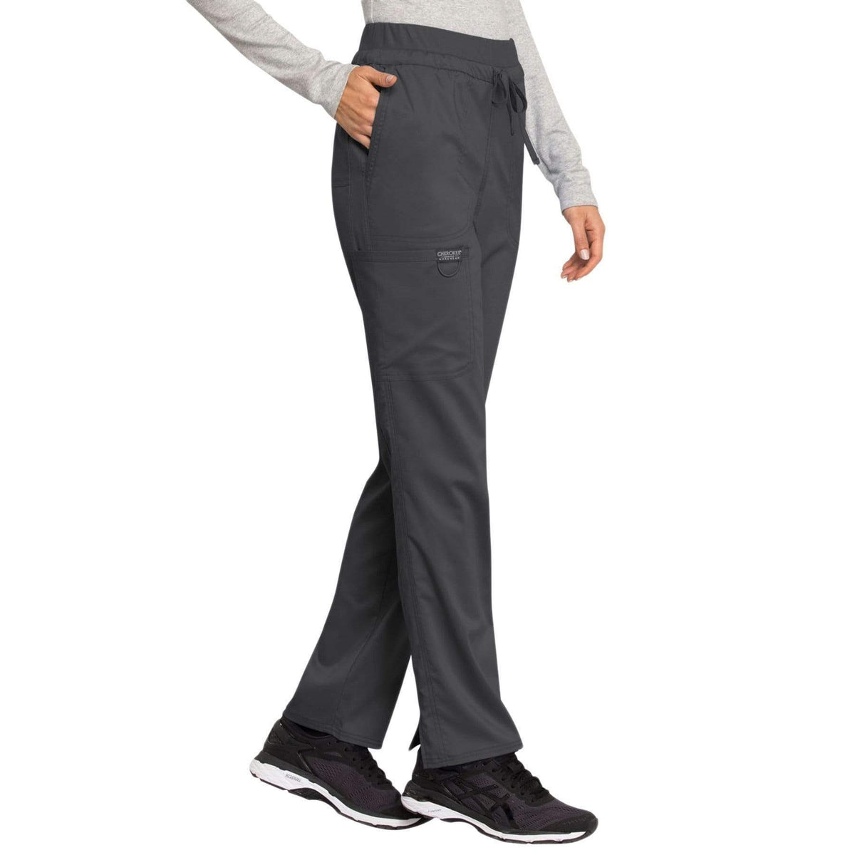 Cherokee Workwear Revolution WW105 Scrubs Pants Women's Mid Rise Tapered Leg Drawstring Pewter