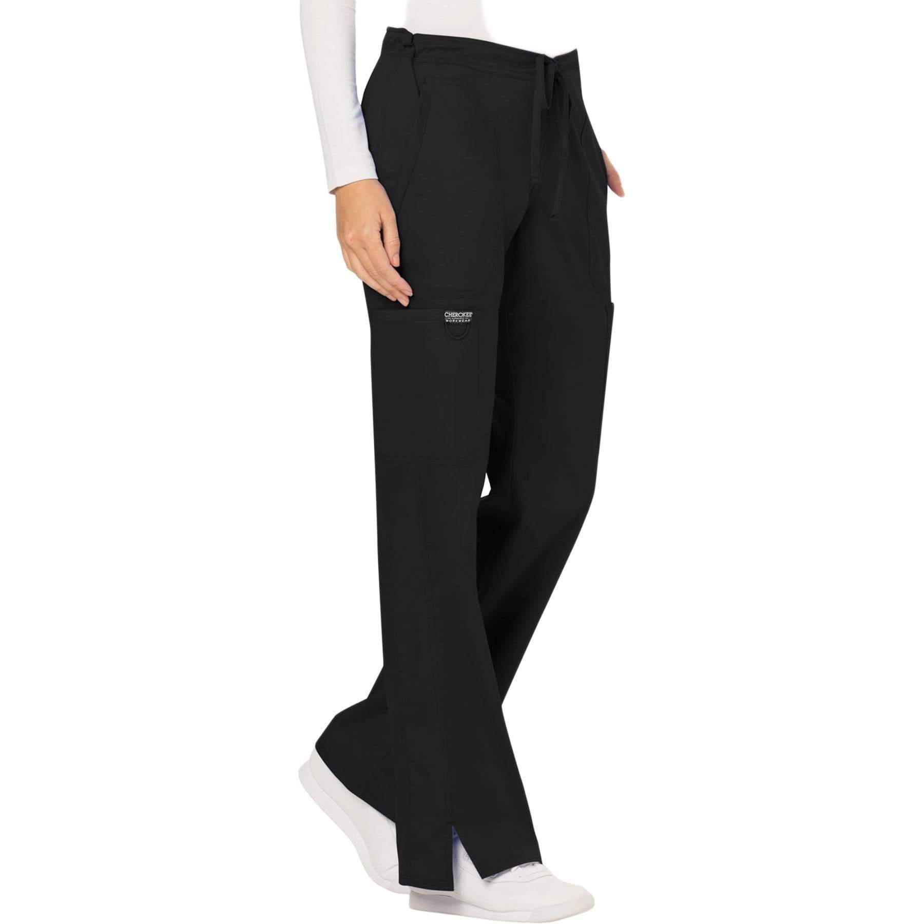 Cherokee Scrubs Pants Cherokee Workwear Revolution WW120 Scrubs Pants Women's Mid Rise Flare Drawstring Black