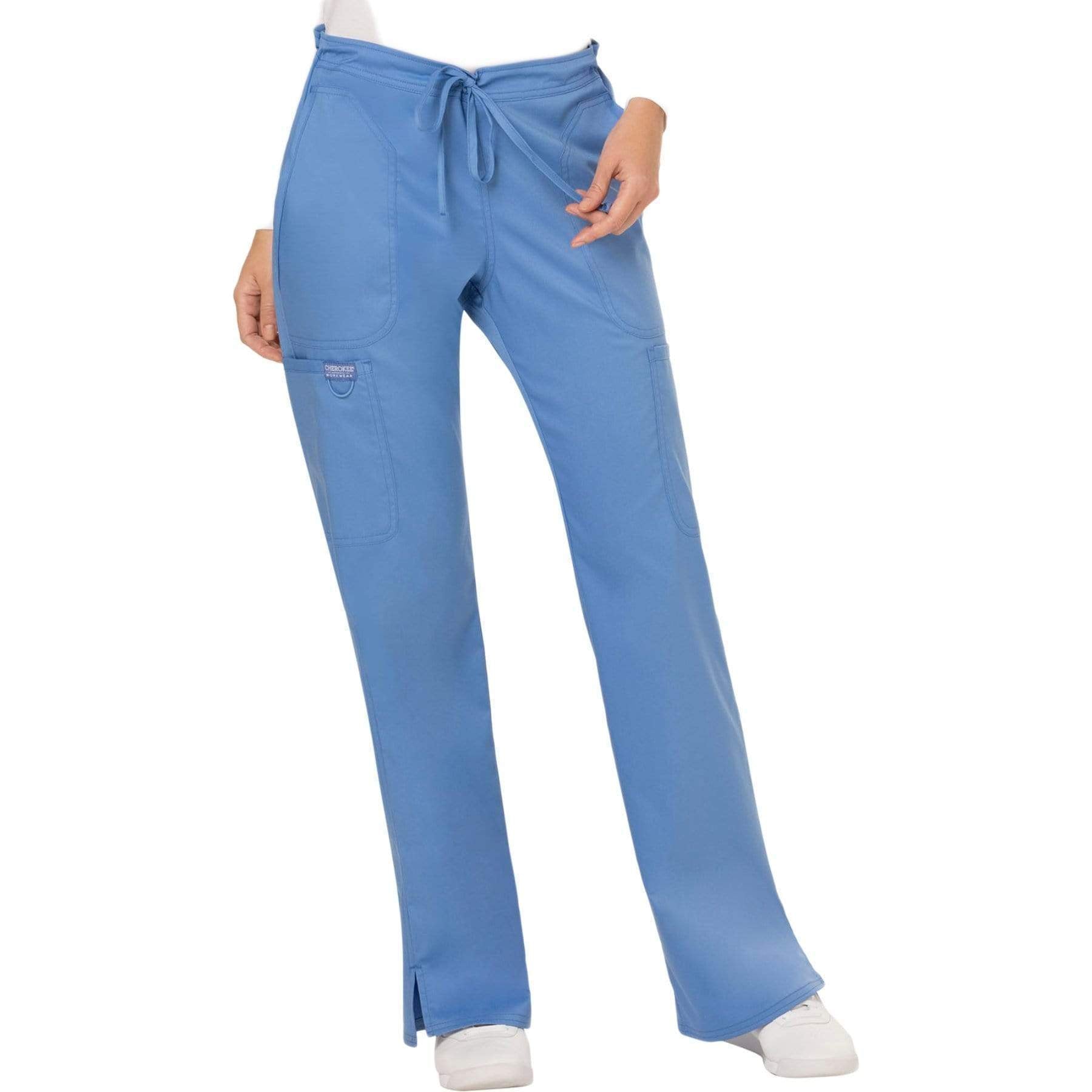 Cherokee Workwear Revolution WW120 Scrubs Pants Women's Mid Rise Flare Drawstring Ceil Blue