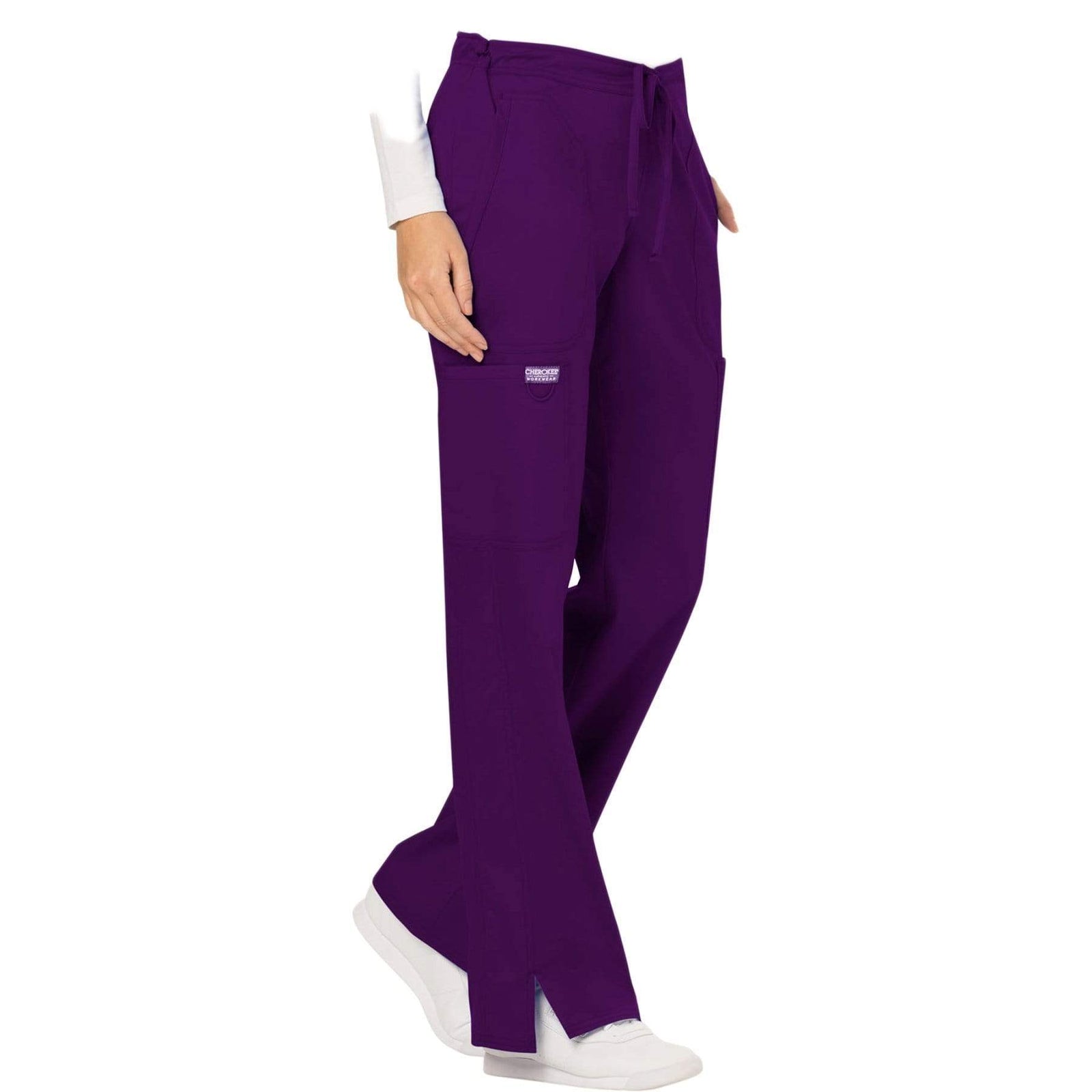 Cherokee Workwear Revolution WW120 Scrubs Pants Women's Mid Rise Flare Drawstring Eggplant
