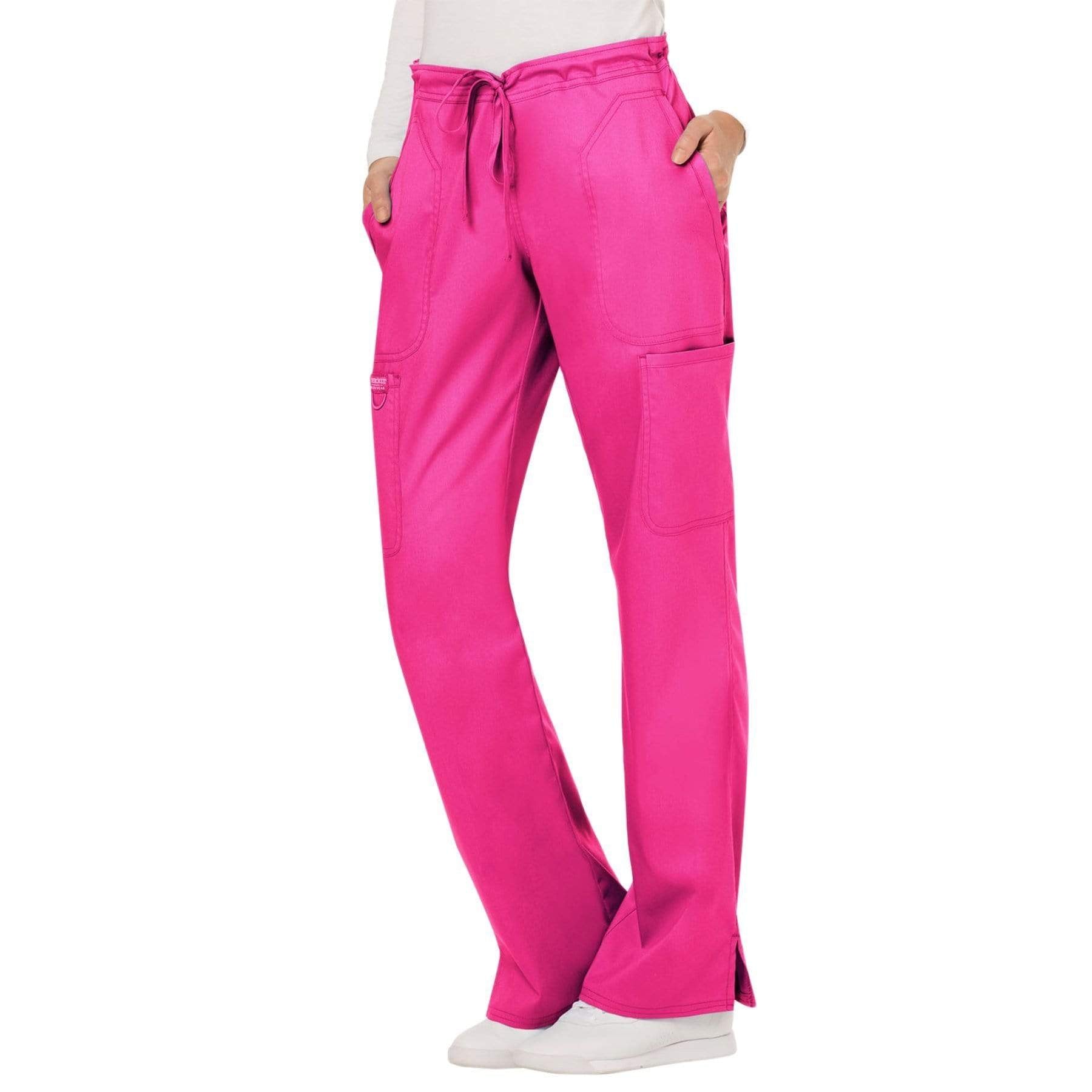 Cherokee Workwear Revolution WW120 Scrubs Pants Women's Mid Rise Flare Drawstring Electric Pink