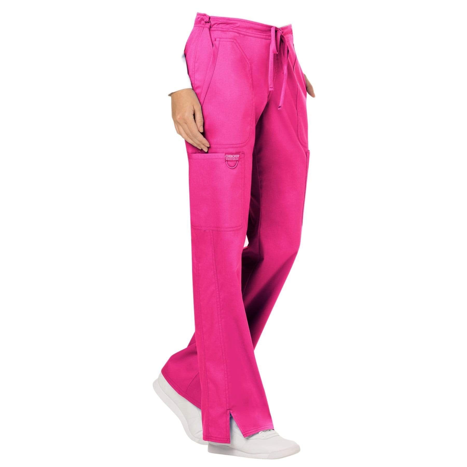Cherokee Workwear Revolution WW120 Scrubs Pants Women's Mid Rise Flare Drawstring Electric Pink