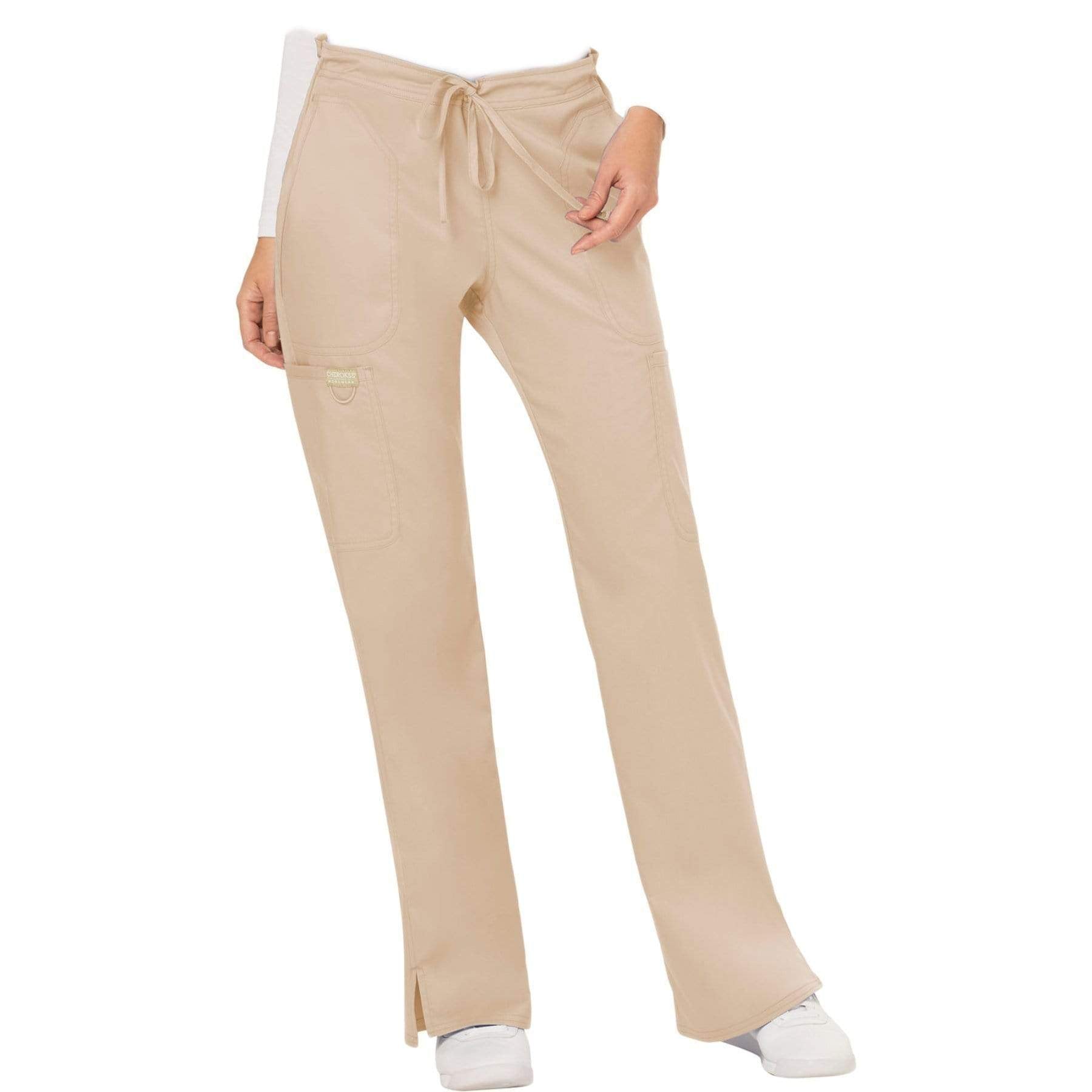 Cherokee Workwear Revolution WW120 Scrubs Pants Women's Mid Rise Flare Drawstring Khaki