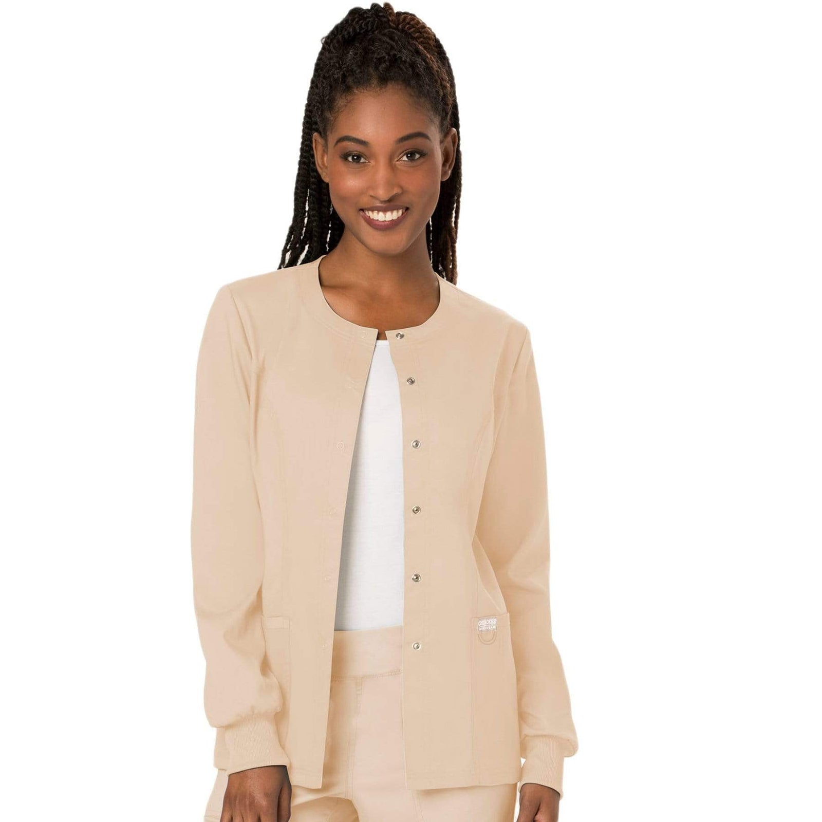 Cherokee Workwear Revolution WW310 Scrubs Jacket Women's Snap Front Warm-up Khaki