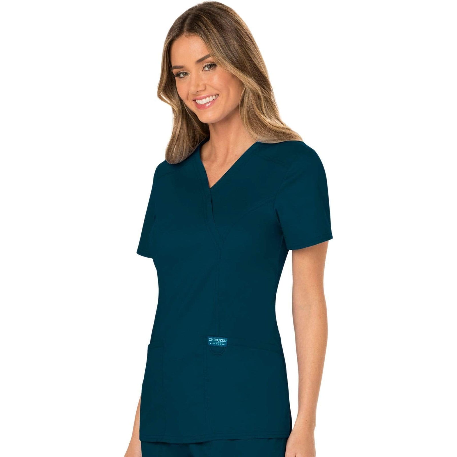 Cherokee Workwear Revolution WW610 Scrubs Top Women's Mock Wrap Caribbean Blue