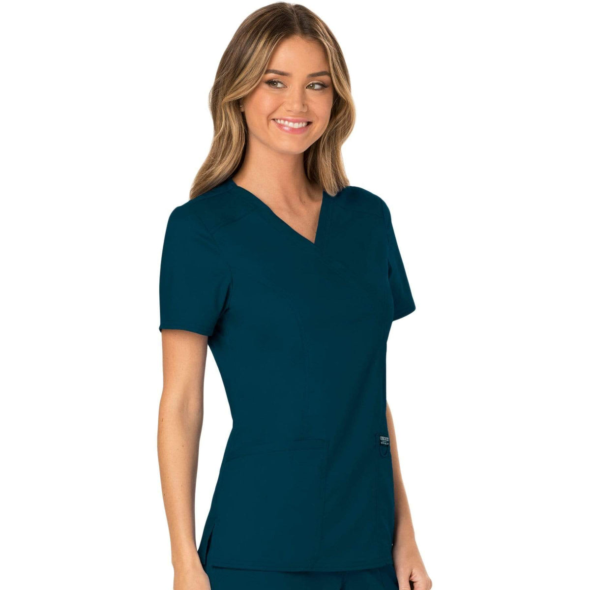 Cherokee Workwear Revolution WW610 Scrubs Top Women's Mock Wrap Caribbean Blue