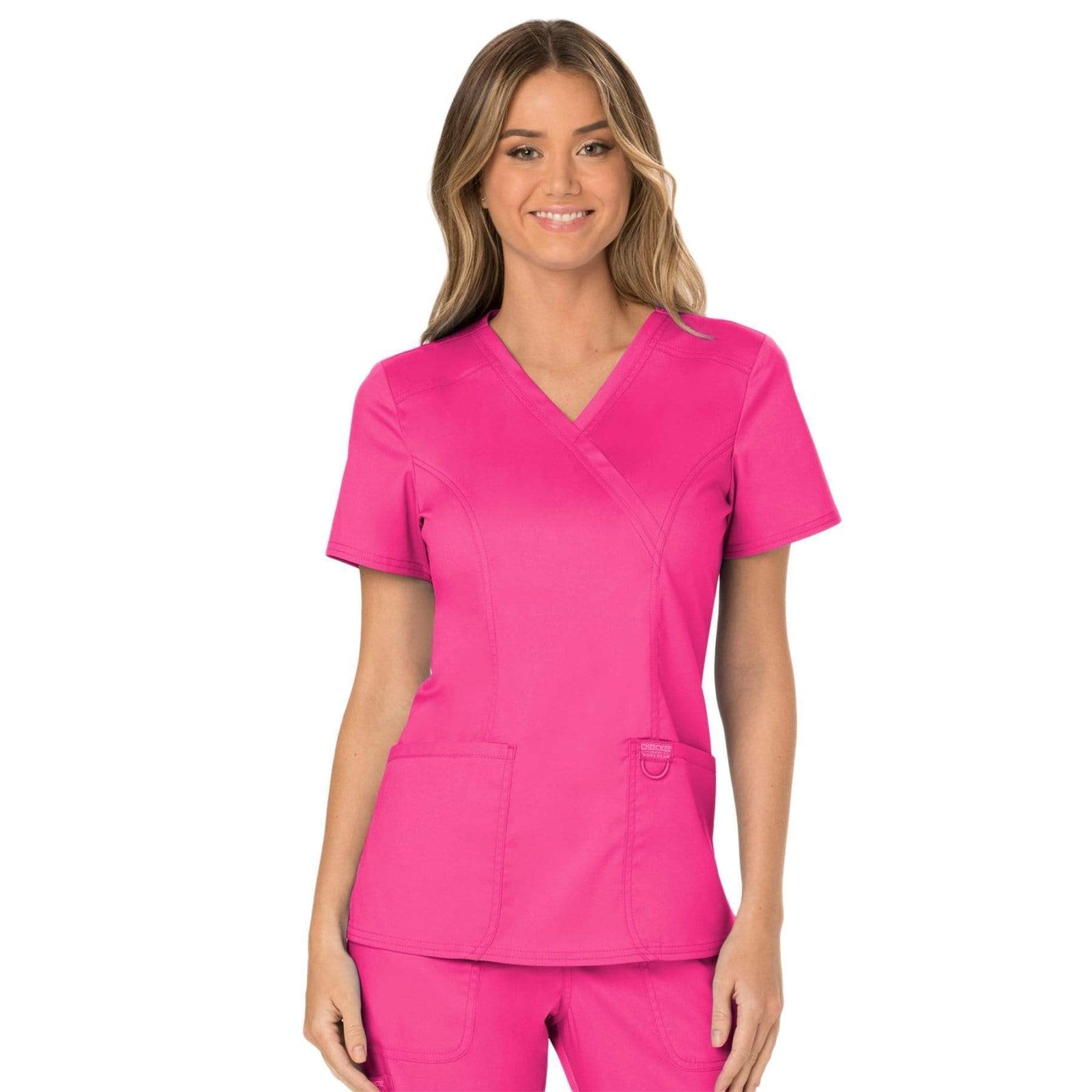 Cherokee Workwear Revolution WW610 Scrubs Top Women's Mock Wrap Electric Pink