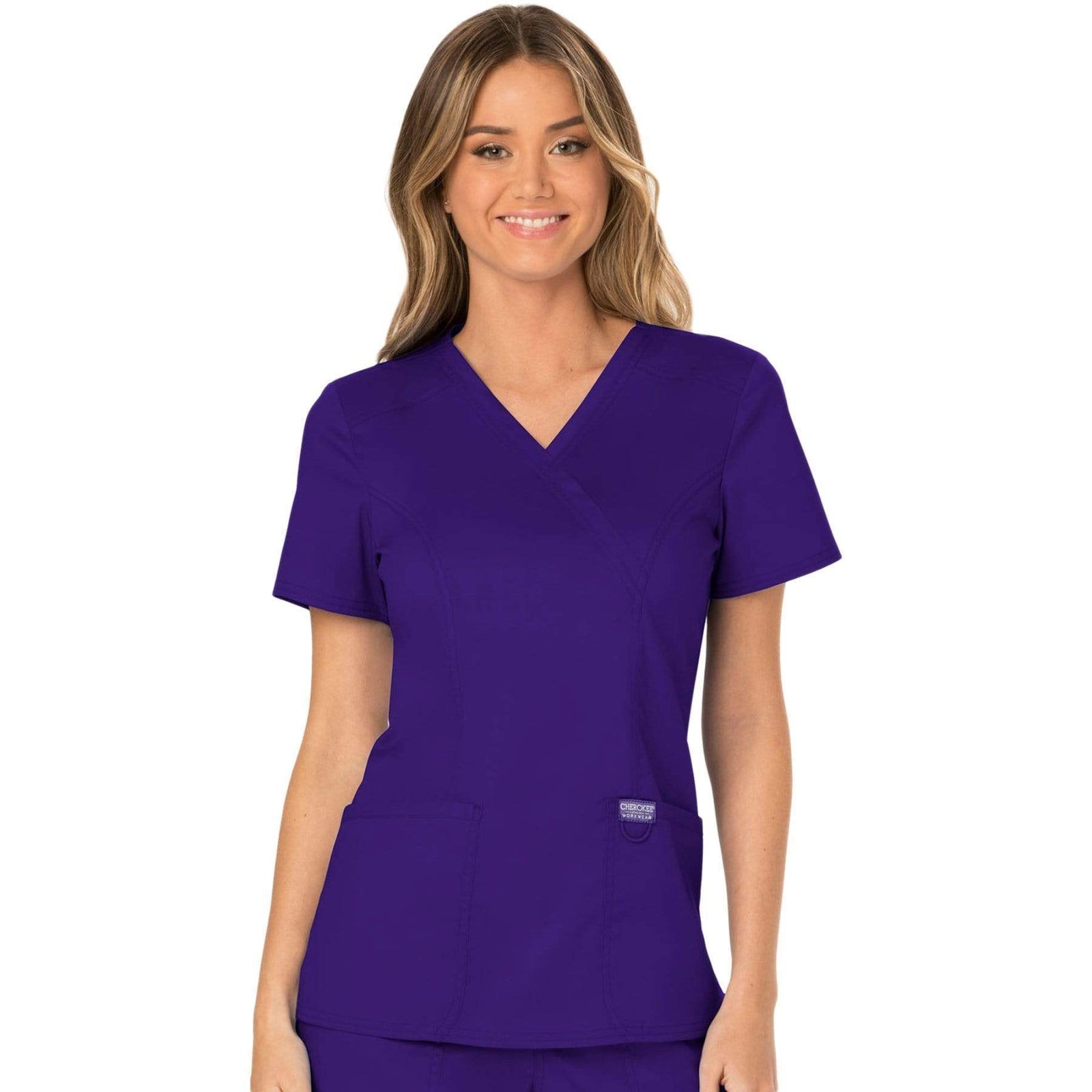 Cherokee Workwear Revolution WW610 Scrubs Top Women's Mock Wrap Grape