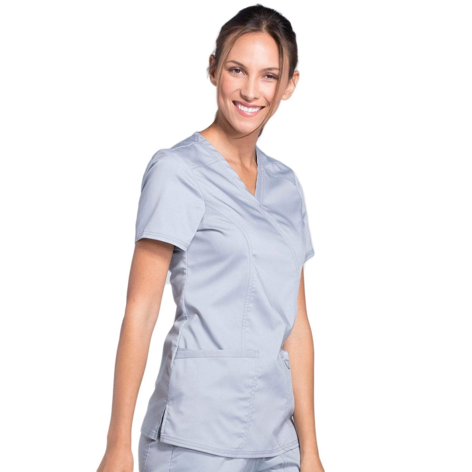 Cherokee Workwear Revolution WW610 Scrubs Top Women's Mock Wrap Grey