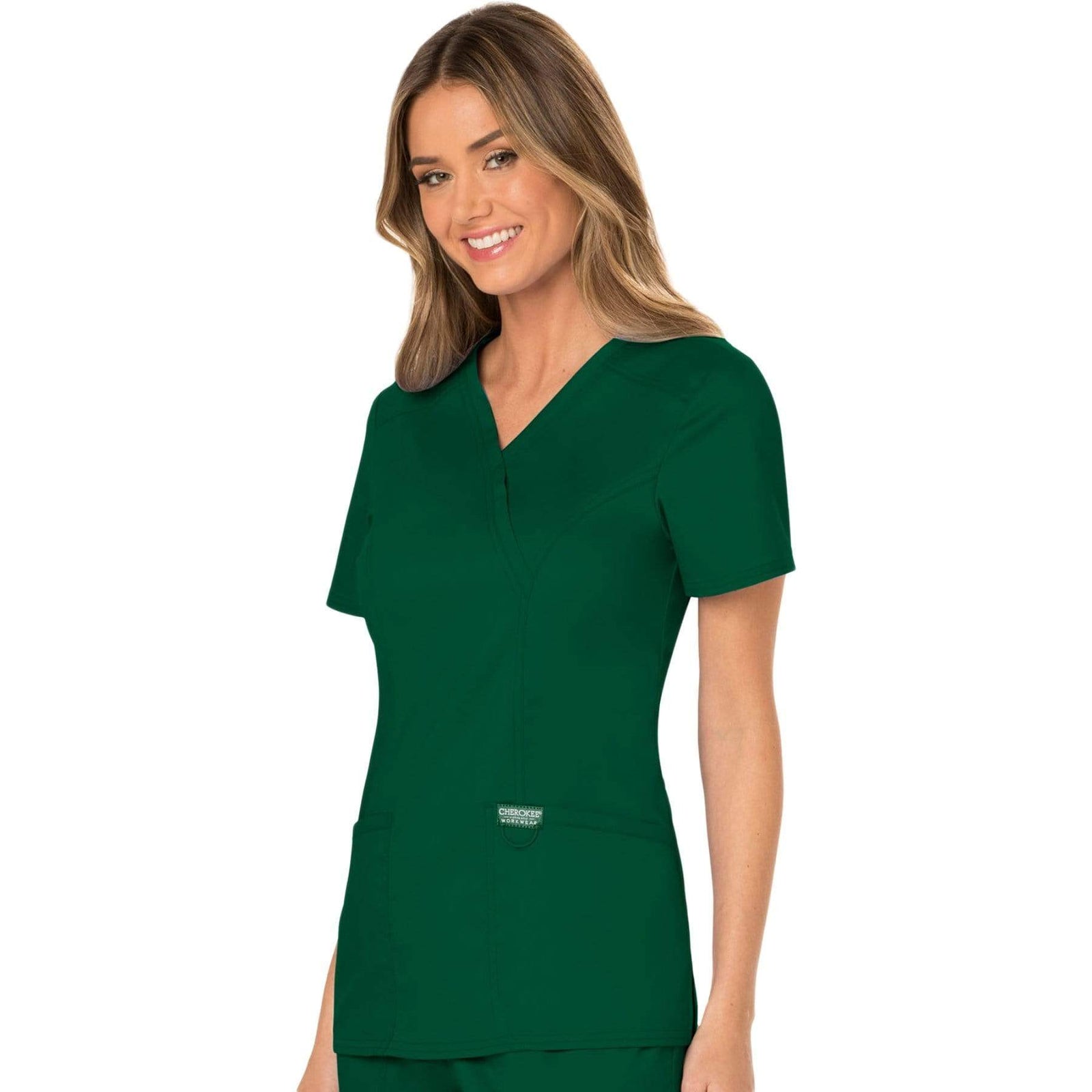 Cherokee Workwear Revolution WW610 Scrubs Top Women's Mock Wrap Hunter Green