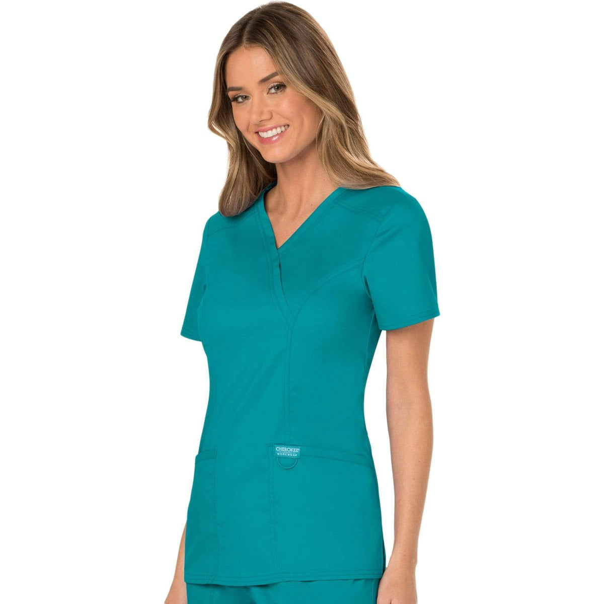 Cherokee Workwear Revolution WW610 Scrubs Top Women's Mock Wrap Teal Blue