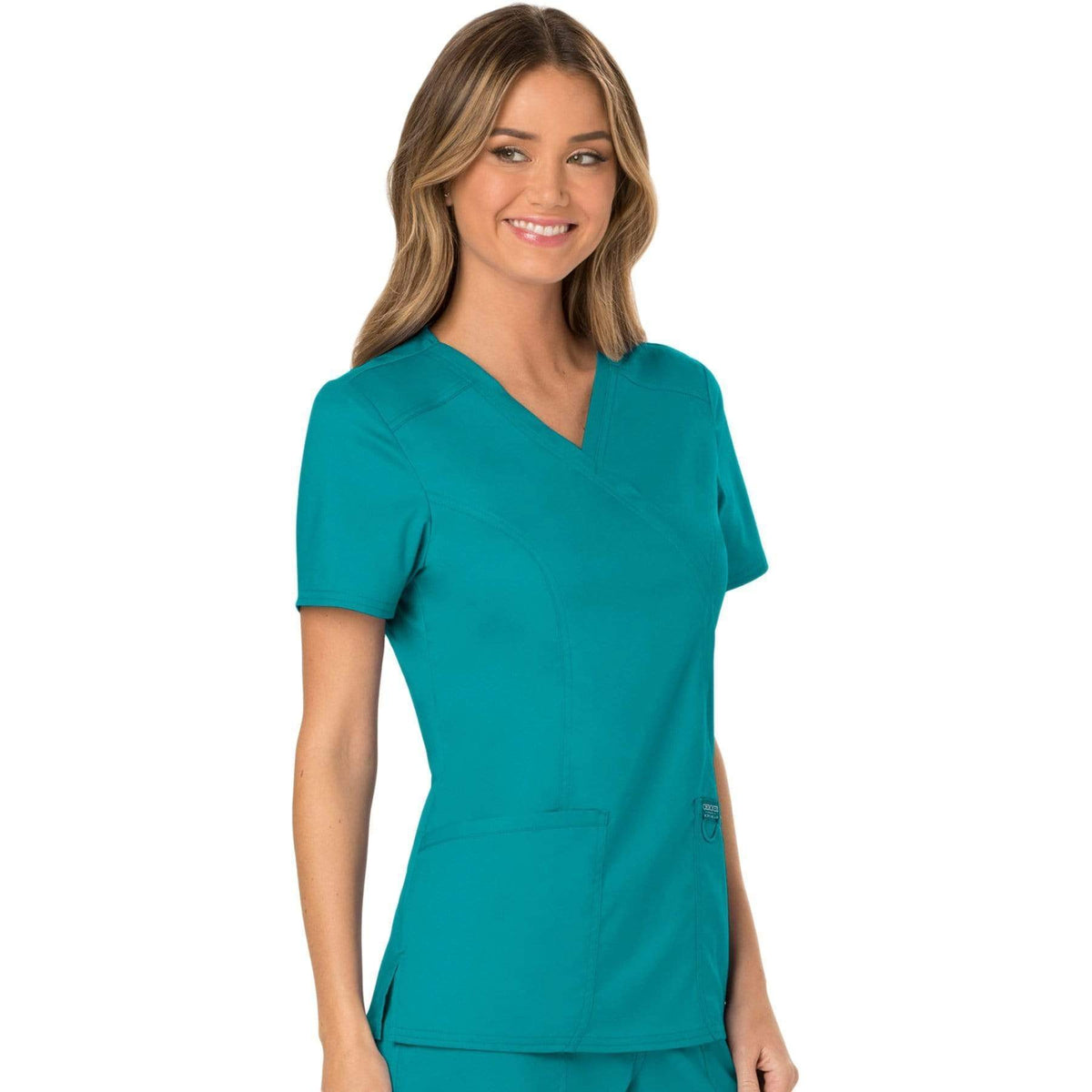 Cherokee Workwear Revolution WW610 Scrubs Top Women's Mock Wrap Teal Blue
