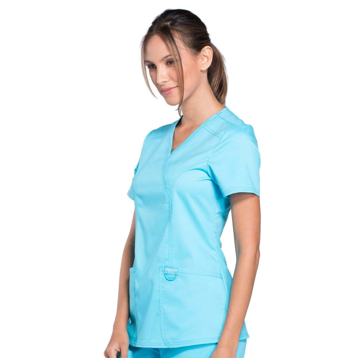 Cherokee Workwear Revolution WW610 Scrubs Top Women's Mock Wrap Turquoise