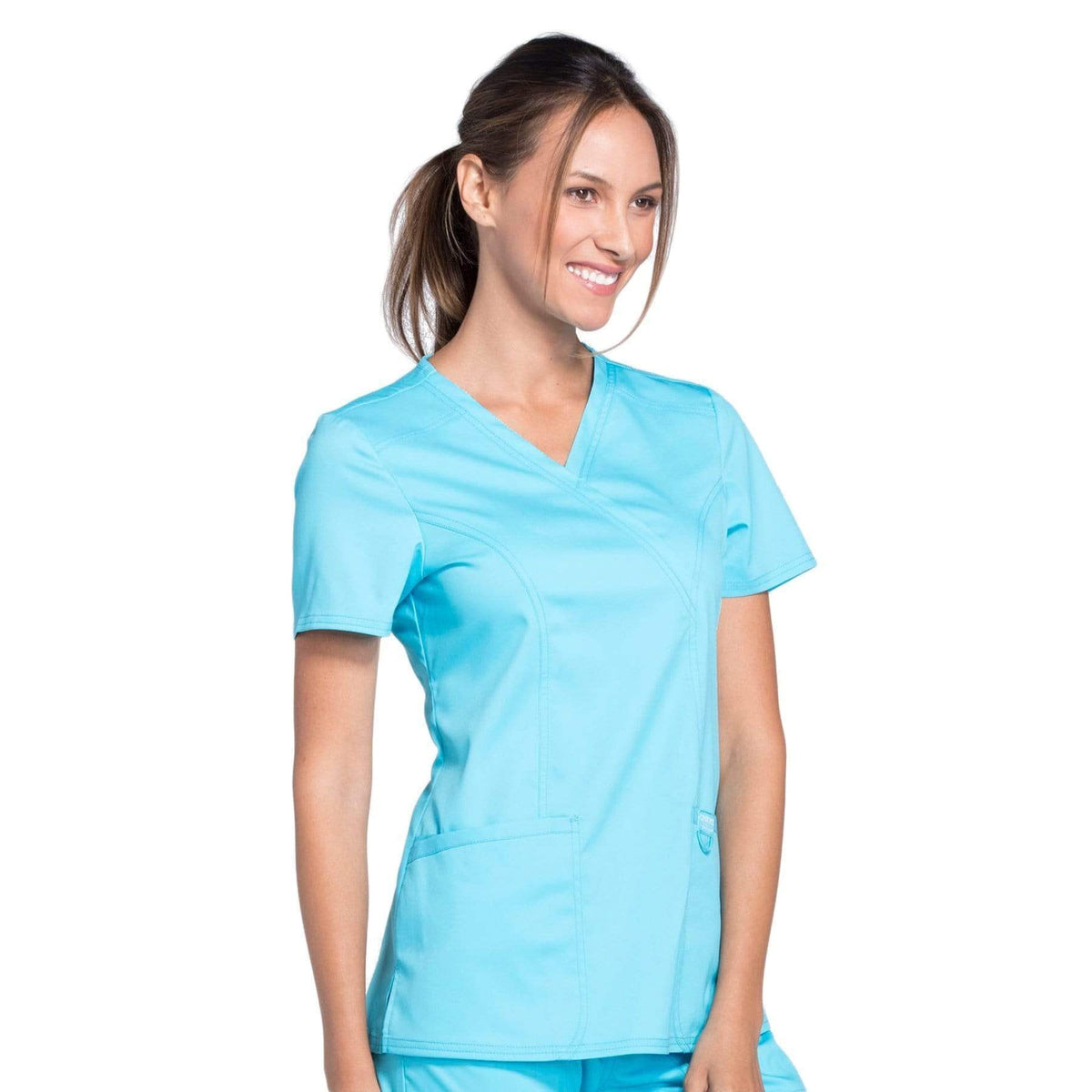 Cherokee Workwear Revolution WW610 Scrubs Top Women's Mock Wrap Turquoise