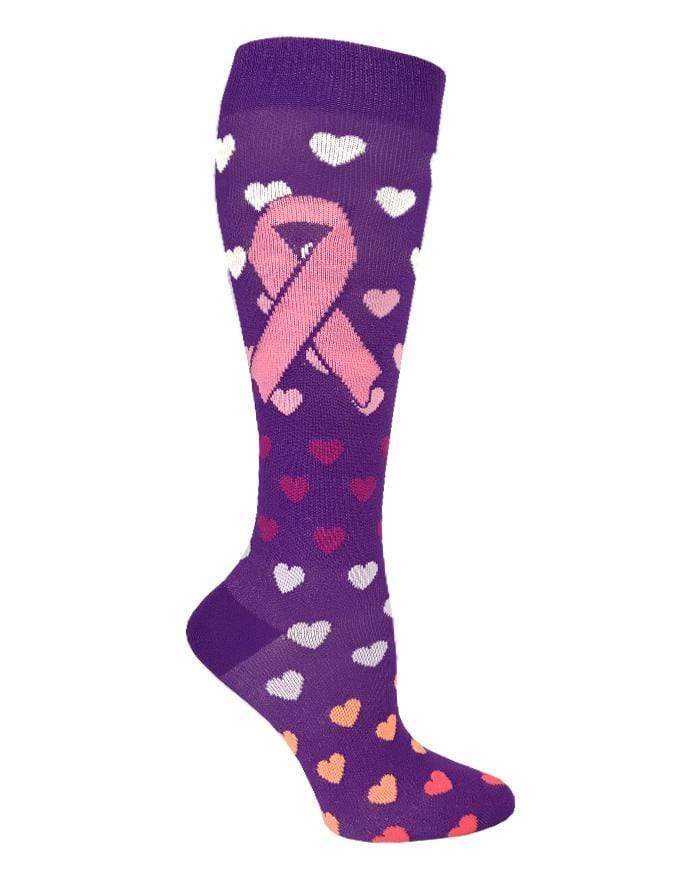 Prestige Medical Socks Pink Ribbon Hearts on Grape Prestige 30cm Premium Knit Compression Socks