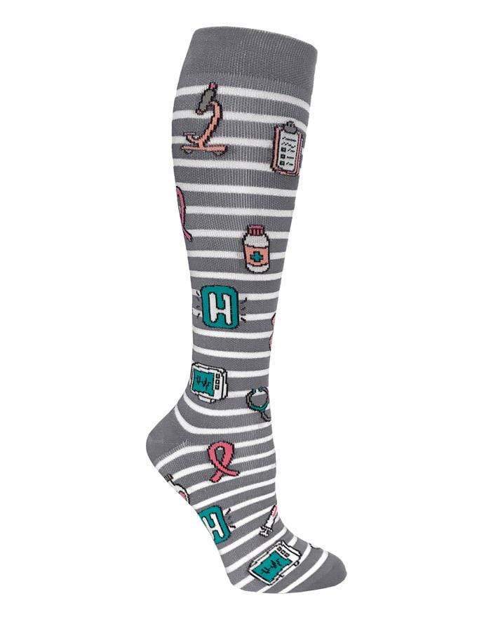 Prestige Medical Socks Grey Stripes & Medical Symbols Prestige 30cm Premium Knit Compression Socks
